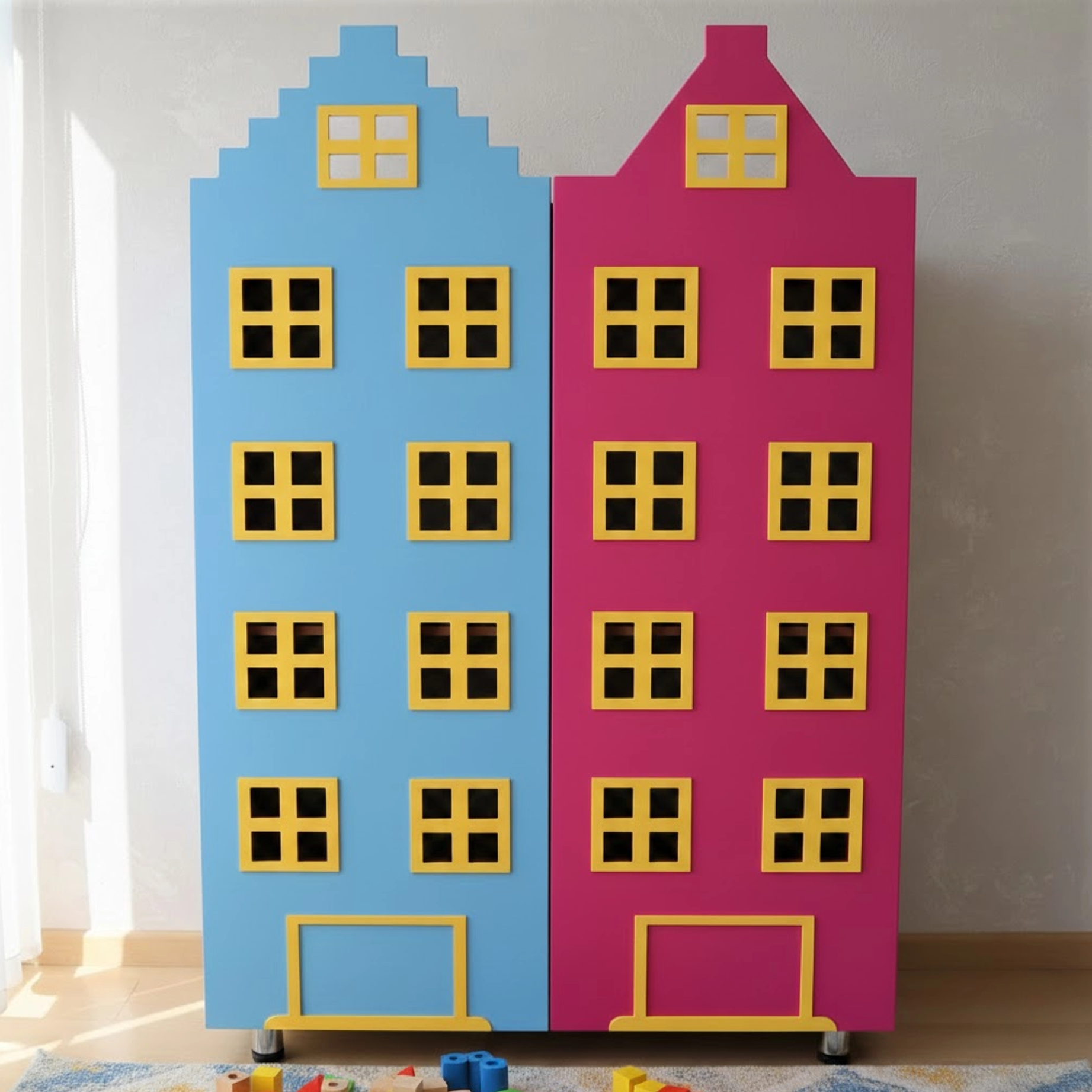 Mavi ve pembe Amsterdam evleri model anaokulu ayakkabılık