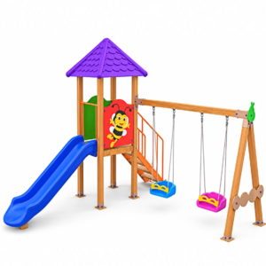 Ahşap Çatılı Kaydıraklı ve Çift Salıncaklı Çocuk Oyun Grubu